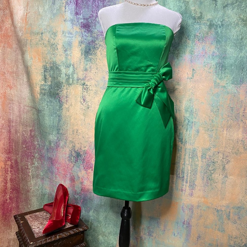 The Limited Strapless Emerald Green Satin Dress with Waist Bow